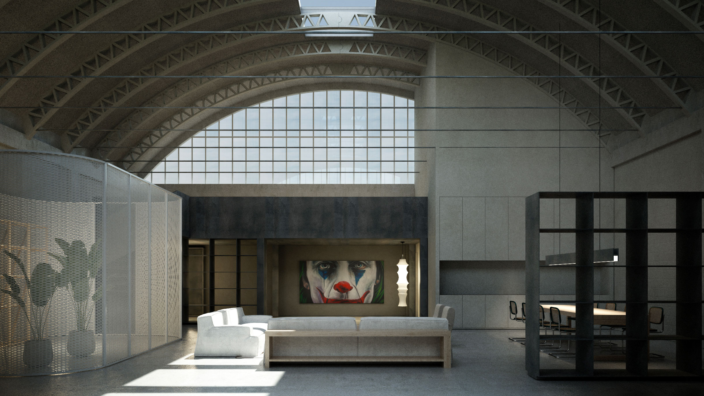 Progettto d'interni di un loft industriale a Milano con un quadro di Marco Siclari