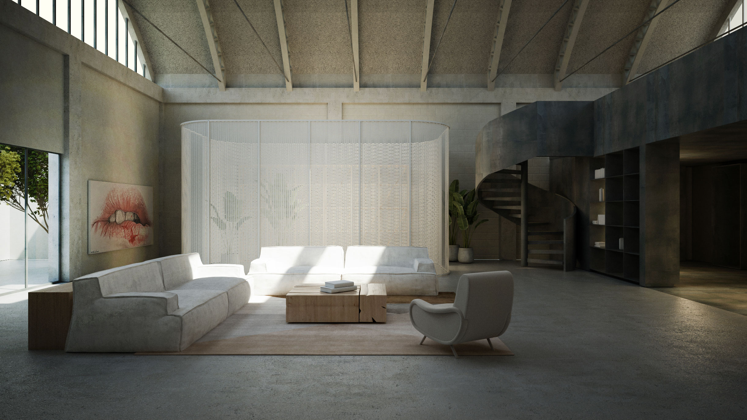 Progetto d'interni di un loft industriale a Milano con un quadro di Marco Siclari